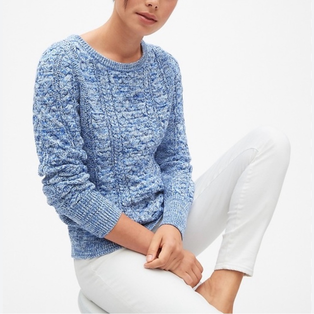 Gap Women’s Blue Marled Cotton Cable Knit Crewneck Pullover Sweater Size Small